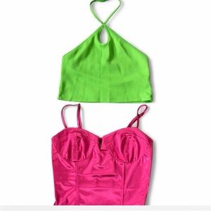 Zara Neon Green Halter and Forever 21 Pink Strappy Bodysuit